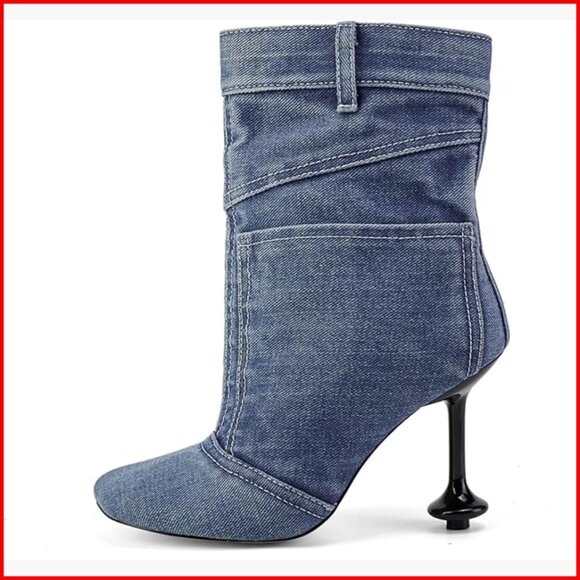 Shoes - Vintage Denim Stiletto Heel Cowboy Boots with Pockets, Mid Calf